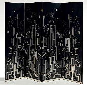 Paravent à 4 feuilles, double face - laque de Chine noire et incrustations de graphite, décor en laque argent - Circa 1925